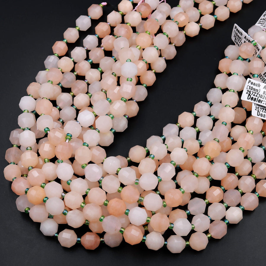 Faceted Natural Peach Aventurine 8mm 10mm Beads Energy Prism Double Terminated Point Cut 15.5&quot; Strand