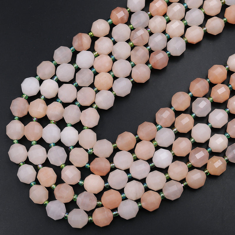 Faceted Natural Peach Aventurine 8mm 10mm Beads Energy Prism Double Terminated Point Cut 15.5&quot; Strand