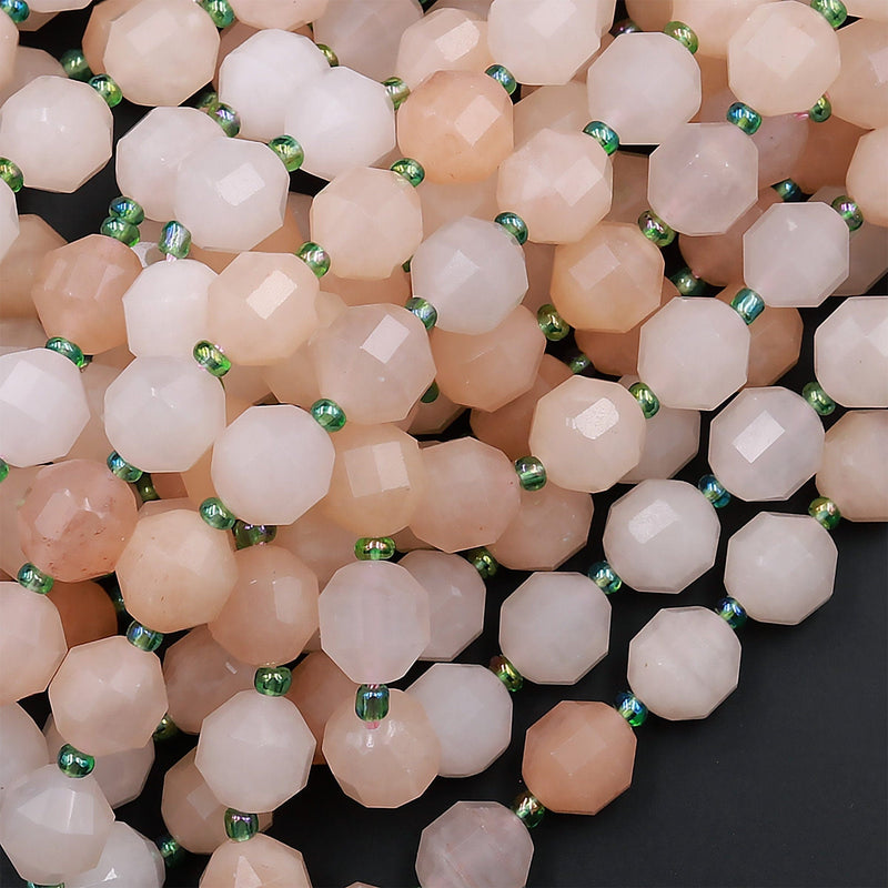 Faceted Natural Peach Aventurine 8mm 10mm Beads Energy Prism Double Terminated Point Cut 15.5&quot; Strand
