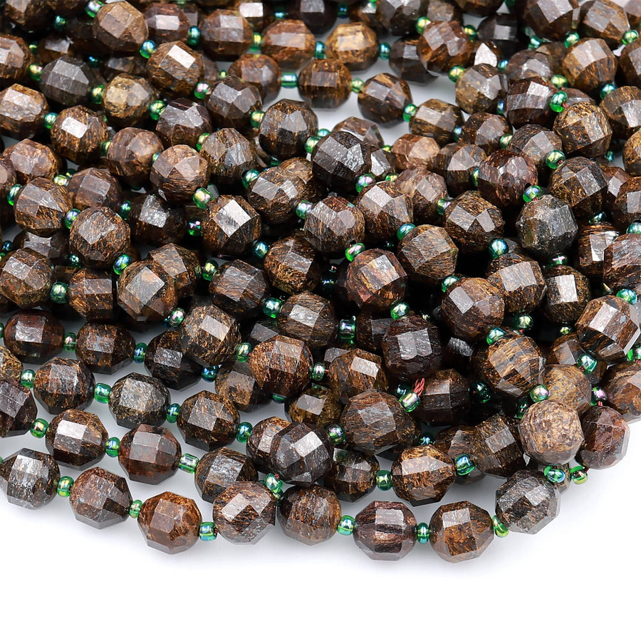 Faceted Natural Bronzite 8mm 10mm Beads Energy Prism Double Terminated Point Cut 15.5&quot; Strand