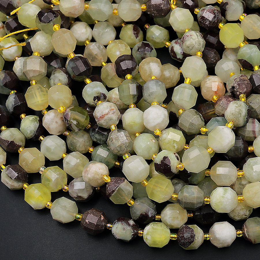 AAA Natural Snake Skin Jade 10mm Beads Faceted Energy Prism Double Terminated Point Cut 15.5&quot; Strand
