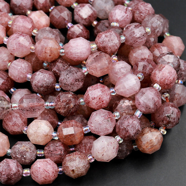 Natural Strawberry Quartz 10mm Beads Faceted Energy Prism Double Terminated Point Cut 15.5&quot; Strand