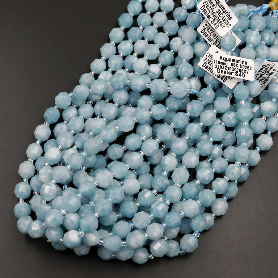 Natural Blue Aquamarine 10mm Beads Faceted Energy Prism Double Terminated Point Cut 15.5&quot; Strand