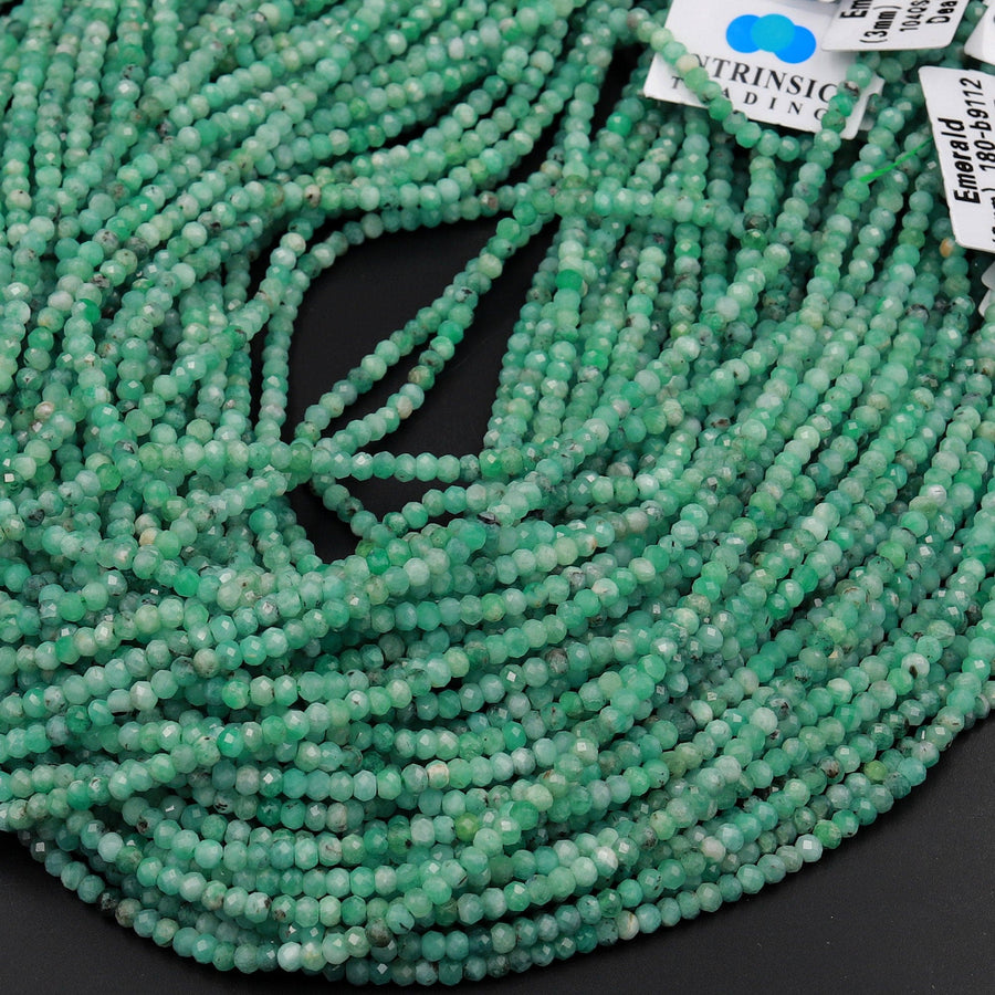 AA Real Genuine Natural Green Emerald Gemstone Faceted 3mm Rondelle Beads Laser Diamond Cut Gemstone May Birthstone 15.5&quot; Strand