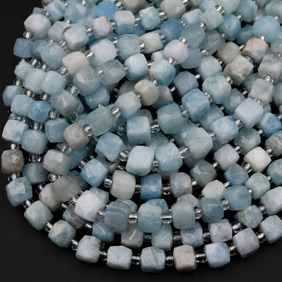 Natural blue Aquamarine Faceted 8mm Dice Cube Square Beads 15.5&quot; Strand