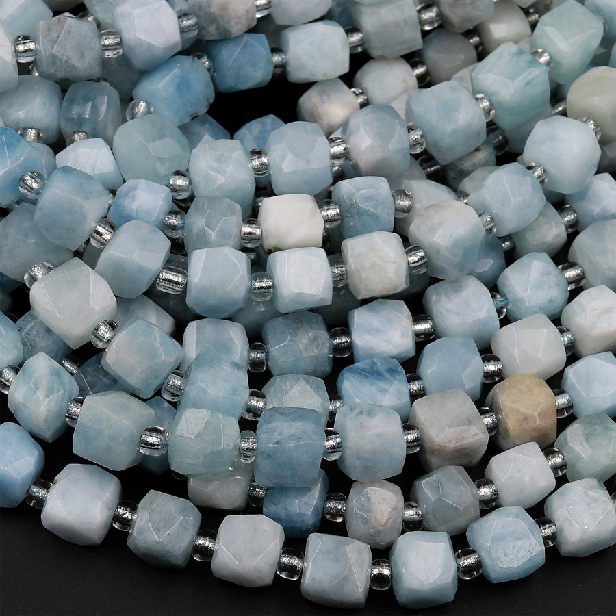 Natural blue Aquamarine Faceted 8mm Dice Cube Square Beads 15.5&quot; Strand