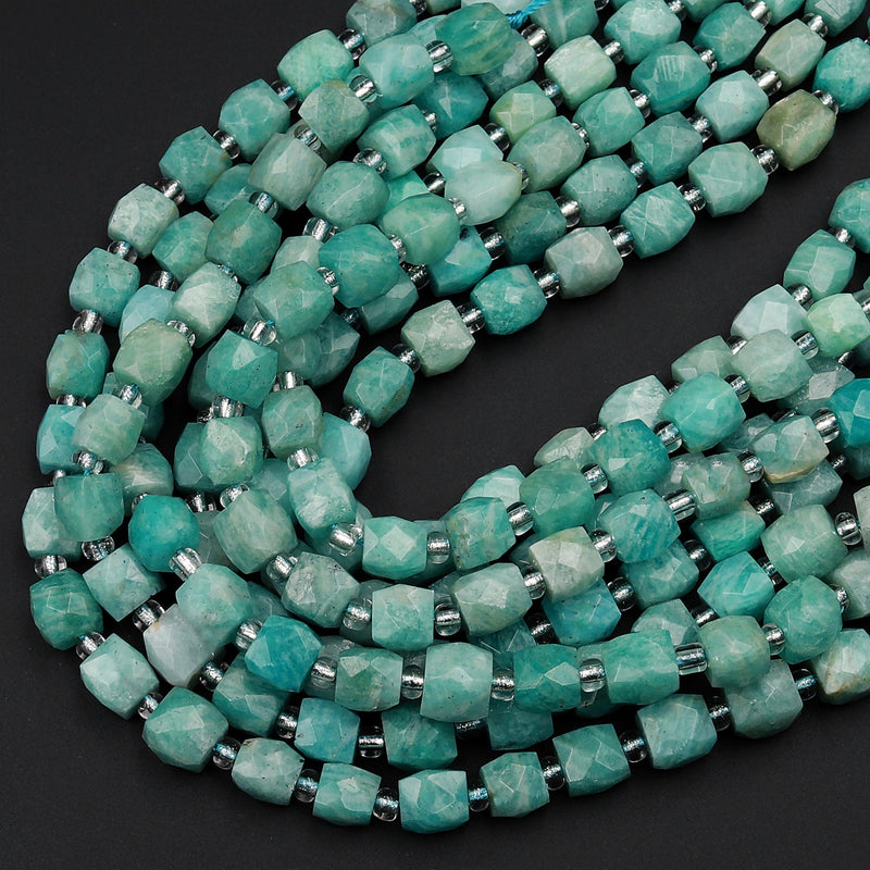 Natural Russian Amazonite Faceted 8mm Dice Cube Square Beads Aqua Sea Blue Green Gemstone  15.5&quot; Strand