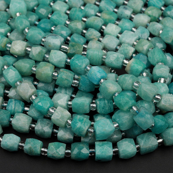 Natural Russian Amazonite Faceted 8mm Dice Cube Square Beads Aqua Sea Blue Green Gemstone  15.5&quot; Strand