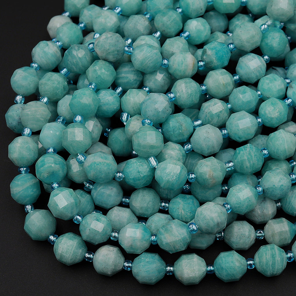 Natural Russian Amazonite 8mm 10mm Beads Faceted Energy Prism Double Terminated Points 15.5&quot; Strand