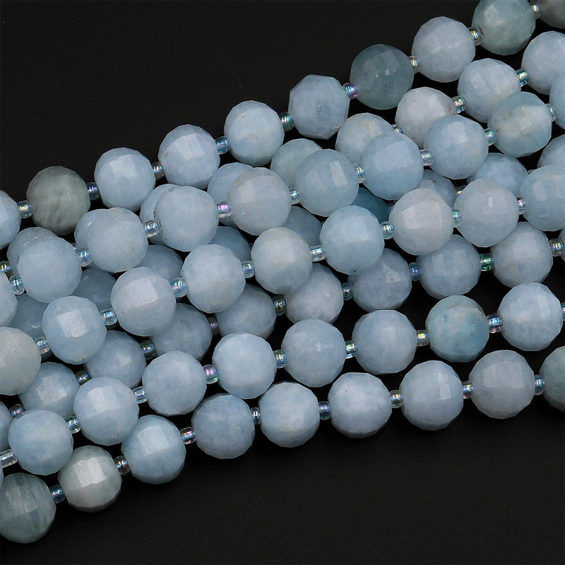 Geometric Faceted Natural Blue Aquamarine 10mm Round Beads Sparkling Dazzling Facet Gemstone 15.5&quot; Strand