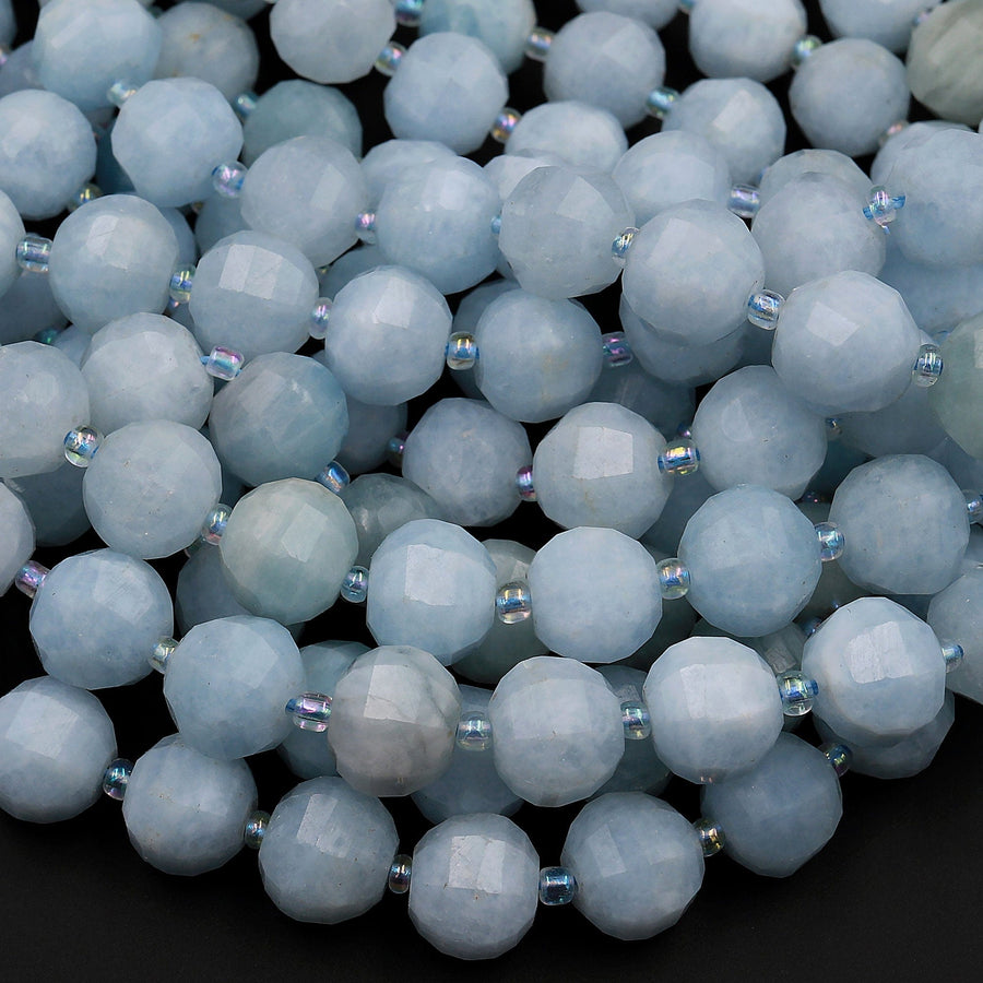 Geometric Faceted Natural Blue Aquamarine 10mm Round Beads Sparkling Dazzling Facet Gemstone 15.5&quot; Strand