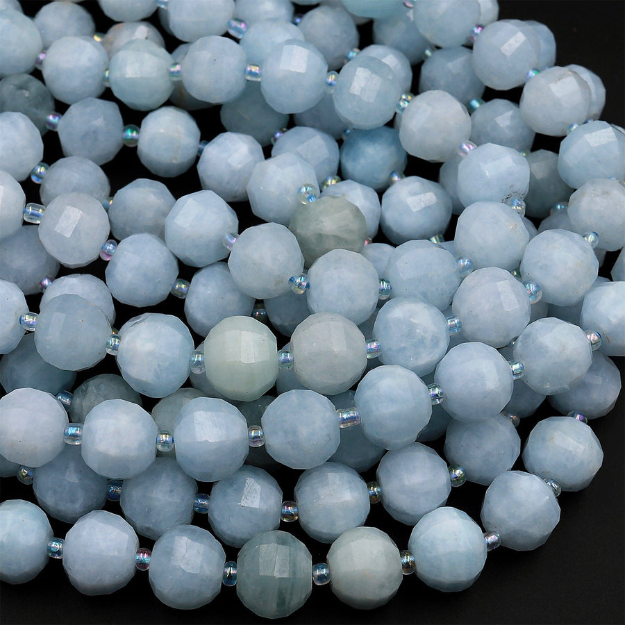 Geometric Faceted Natural Blue Aquamarine 10mm Round Beads Sparkling Dazzling Facet Gemstone 15.5&quot; Strand