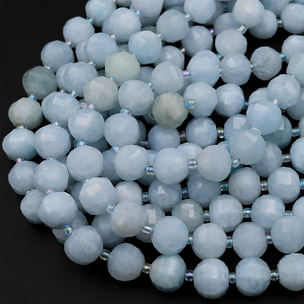 Geometric Faceted Natural Blue Aquamarine 10mm Round Beads Sparkling Dazzling Facet Gemstone 15.5&quot; Strand