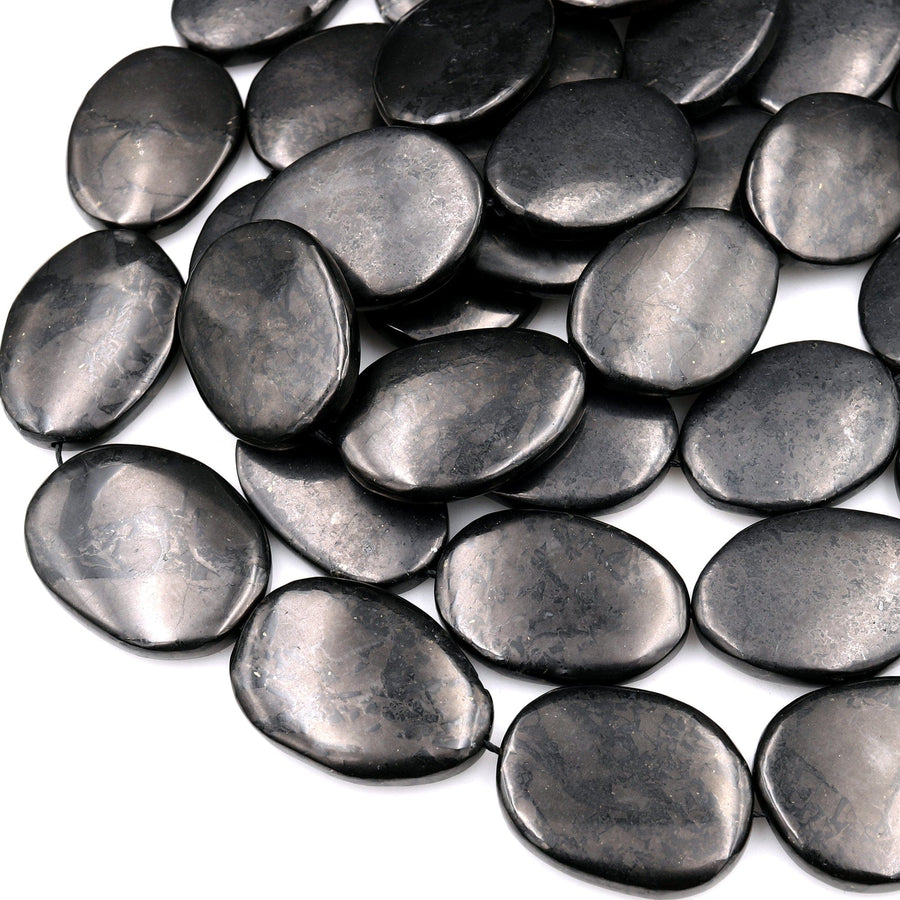 Large Genuine Natural Shungite Freeform Oval Beads High Quality Black Lustrous Gemstone from Russia 15.5&quot; Strand