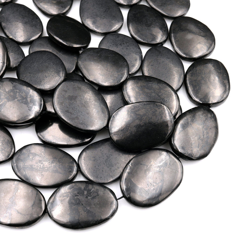 Large Genuine Natural Shungite Freeform Oval Beads High Quality Black Lustrous Gemstone from Russia 15.5&quot; Strand