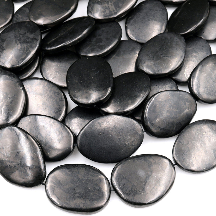 Large Genuine Natural Shungite Freeform Oval Beads High Quality Black Lustrous Gemstone from Russia 15.5&quot; Strand