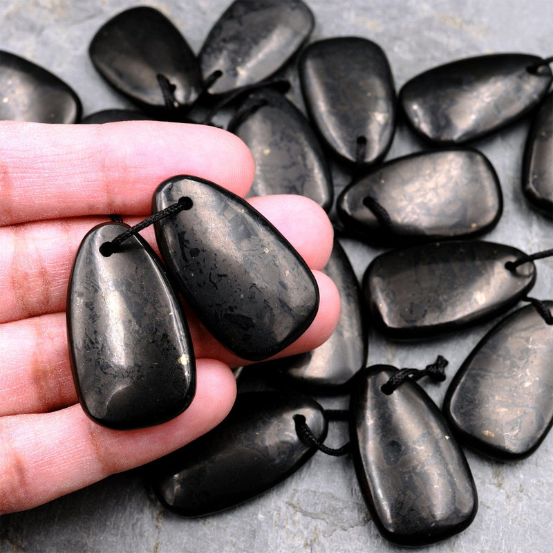 Hand Cut Genuine Natural Shungite Freeform Teardrop Triangle Earring Pair Pendant High Quality Black Lustrous Gemstone from Russia