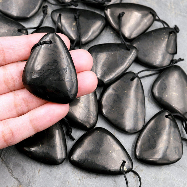 Hand Cut Genuine Natural Shungite Freeform Triangle Pendant High Quality Black Lustrous Gemstone from Russia