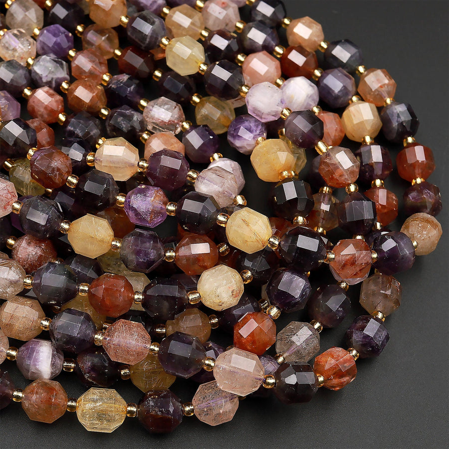 AAA Natural Purple Amethyst Golden Red Rutile Quartz 10mm Beads Faceted Energy Prism Double Point Cut 15.5&quot; Strand