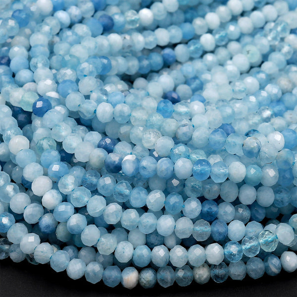 Micro Faceted Natural Aquamarine 4mm Rondelle Beads Laser Diamond Cut Real Genuine Blue Aquamarine Gemstone 15.5&quot; Strand