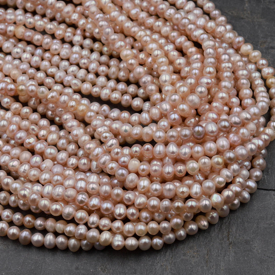 Genuine Freshwater Pink Potato Pearls 5mm Off Round Iridescent Seed Pearl Beads 16&quot; Strand