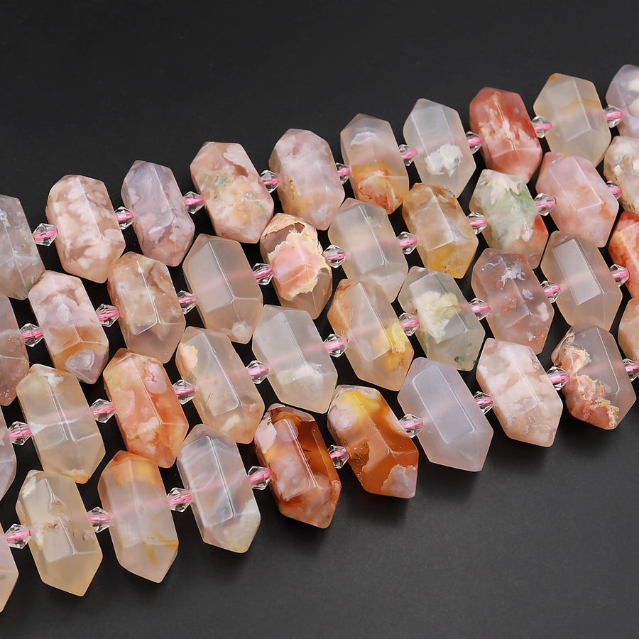 Natural Cherry Blossom Agate Faceted Double Terminated Points Short Center Drilled Focal Pendant Bead Bullet Bicone 16&quot; Strand