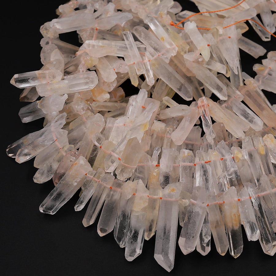 Raw Rough Matte Rock Crystal Quartz Beads Points Tips Top Side Drilled Natural Quartz Crystal Thin Fine Small Sticks Spikes 15.5&quot; Strand