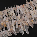 Raw Rough Matte Rock Crystal Quartz Beads Points Tips Top Side Drilled Natural Quartz Crystal Thin Fine Small Sticks Spikes 15.5&quot; Strand