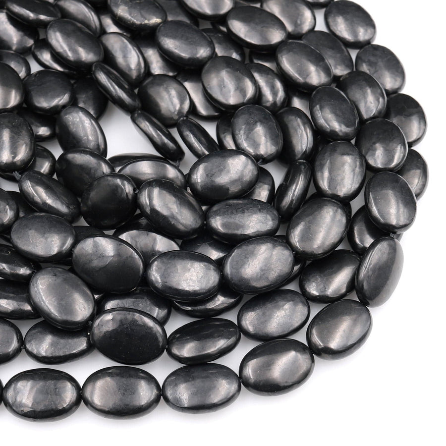 Genuine Natural Shungite 10x14mm 13x18mm Oval Beads High Quality Black Lustrous Gemstone from Russia 15.5&quot; Strand