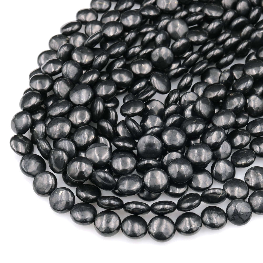Genuine Natural Shungite 10mm 12mm Coin Beads High Quality Black Lustrous Gemstone from Russia 15.5&quot; Strand
