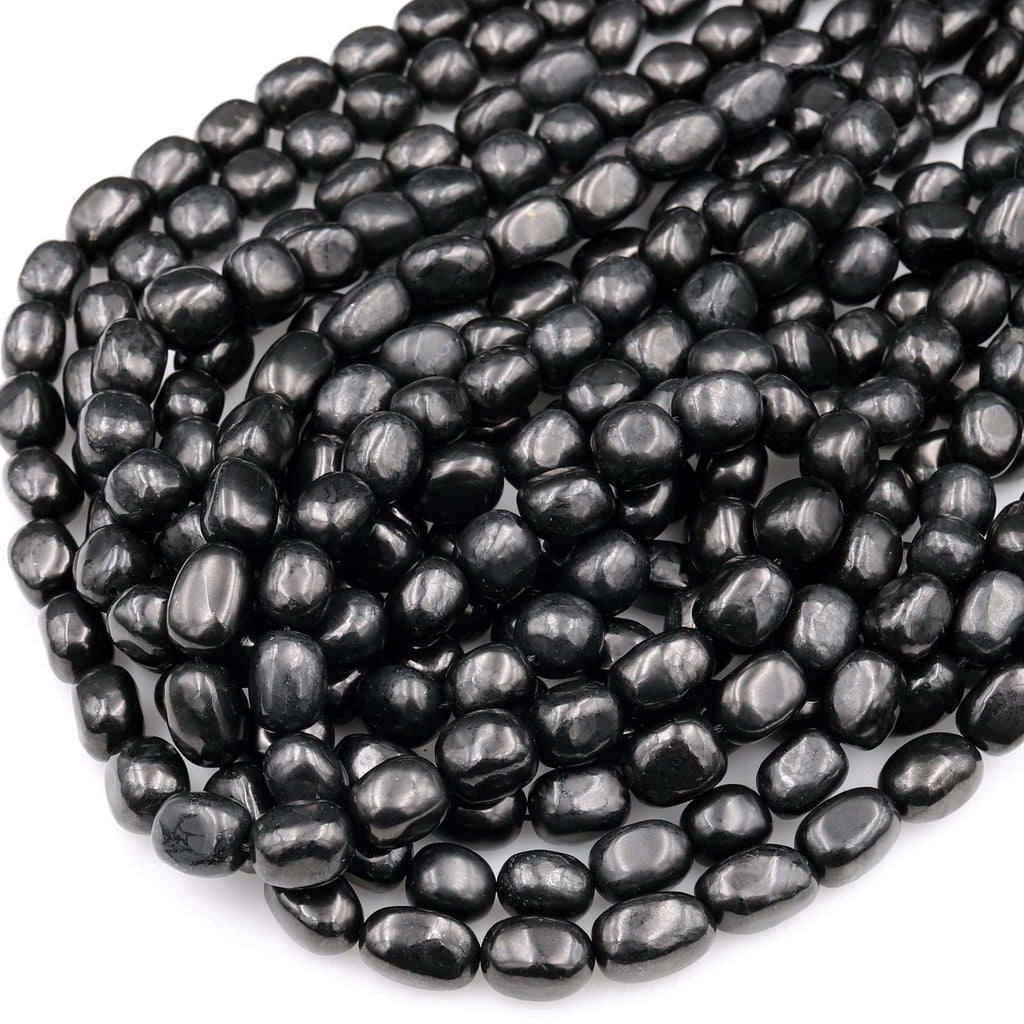 Genuine Natural Shungite Pebble Oval Beads High Quality Black Lustrous Gemstone from Russia 15.5&quot; Strand