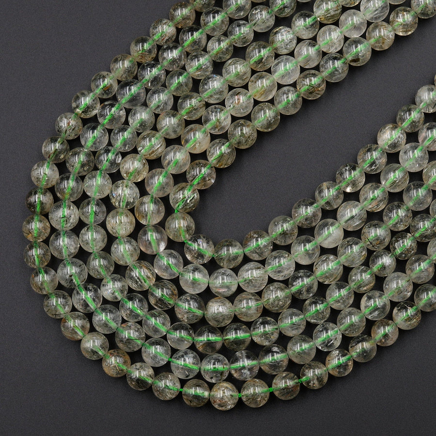 Natural Green Tourmaline Rutile Quartz Beads Smooth Round 8mm 10mm 12mm Real Genuine Tourmaline Gemstone 15.5&quot; Strand