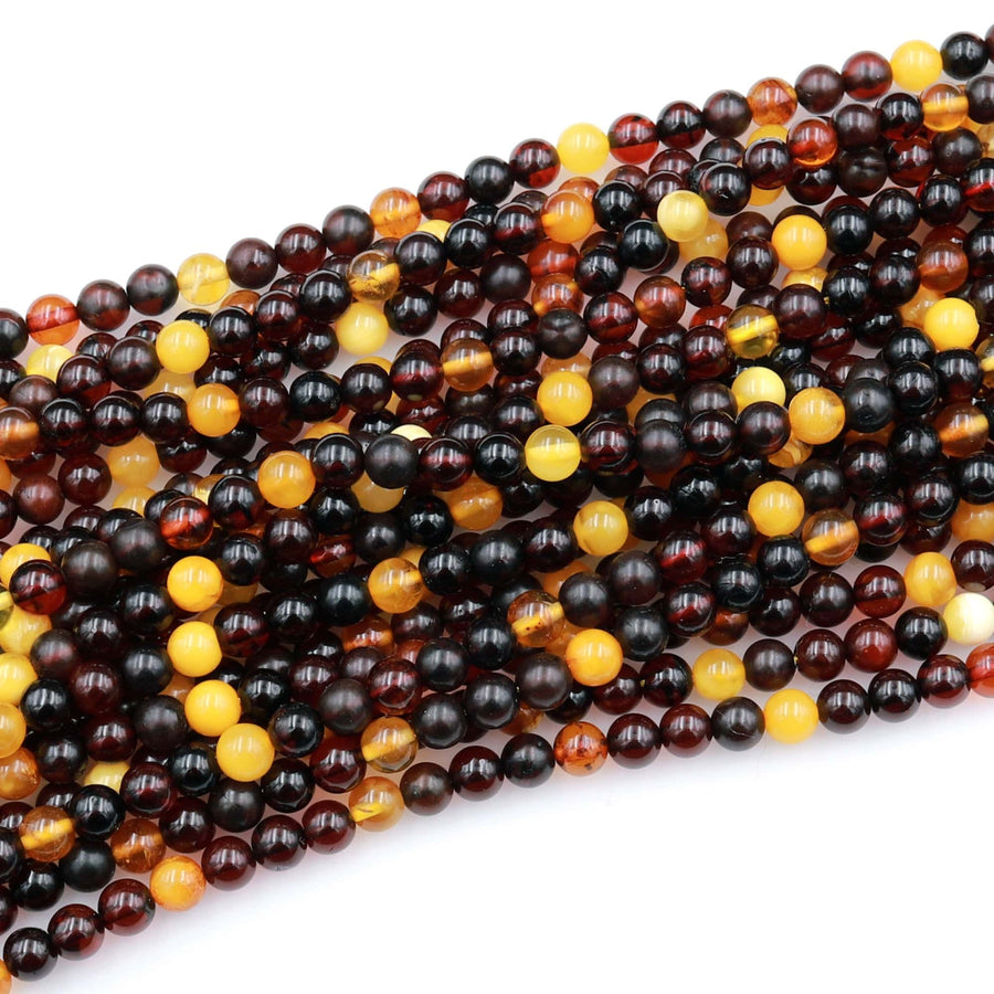 Real Genuine Natural Baltic Amber 6mm Round Beads Dark Red Brown Honey Yellow Golden Gemstone 15.5&quot; Strand
