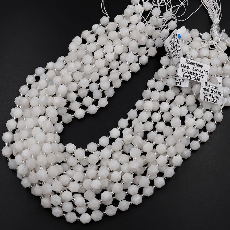 Natural White Moonstone 8mm Beads Faceted Energy Prism Double Terminated Points 15.5&quot; Strand