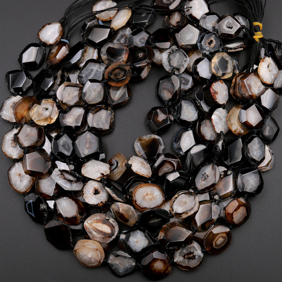 Natural Black Brown Druzy Agate Geode Slice Beads W Quartz Crystal Drusy Cave 15.5&quot; Strand