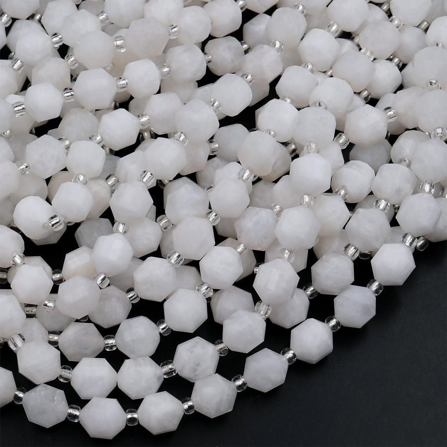 Natural White Moonstone 8mm Beads Faceted Energy Prism Double Terminated Points 15.5&quot; Strand