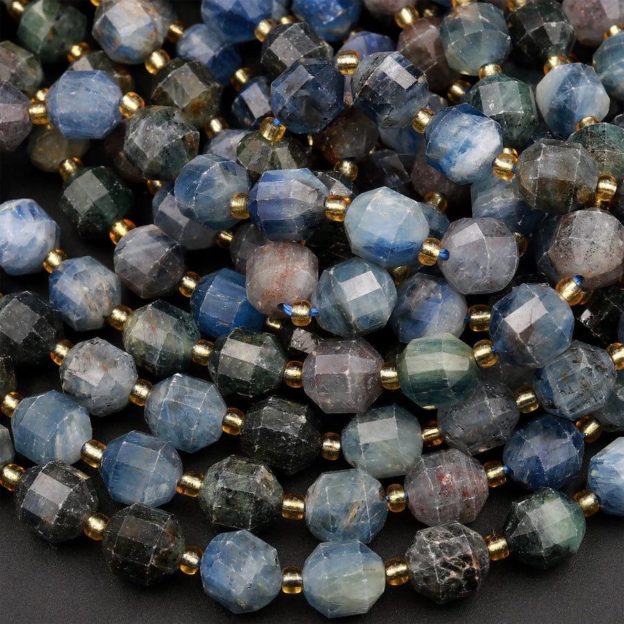 Natural Multicolor Green Blue Kyanite 8mm Beads Faceted Energy Prism Double Terminated Points 15.5&quot; Strand