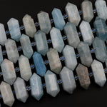 Natural Aquamarine Beads Faceted Double Terminated Points Center Drilled Real Genuine Soft Blue Aquamarine Focal Pendant 15.5&quot; Strand