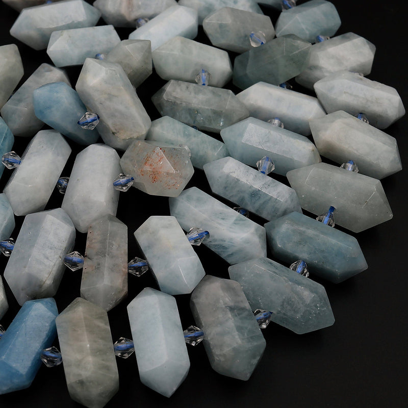 Natural Aquamarine Beads Faceted Double Terminated Points Center Drilled Real Genuine Soft Blue Aquamarine Focal Pendant 15.5&quot; Strand