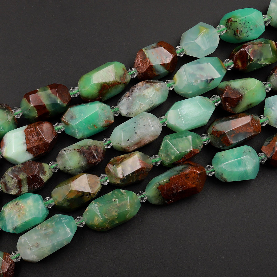 Large Natural Chunky Faceted Australian Green Chrysoprase Rectangular Nugget Beads 16&quot; Strand