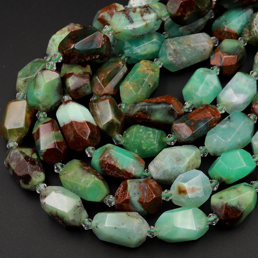 Large Natural Chunky Faceted Australian Green Chrysoprase Rectangular Nugget Beads 16&quot; Strand