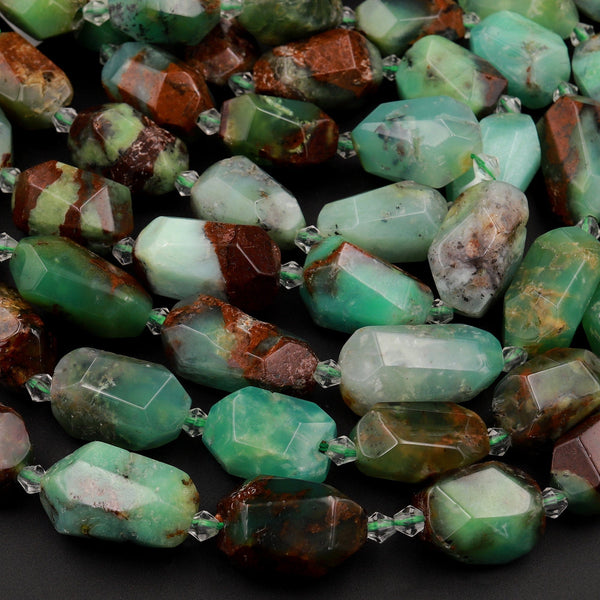 Large Natural Chunky Faceted Australian Green Chrysoprase Rectangular Nugget Beads 16&quot; Strand