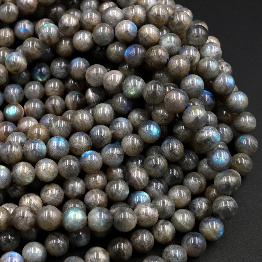 Natural Labradorite 4mm 6mm 8mm 10mm 12mm Round Beads Lots of Fire Flashes 15.5&quot; Strand