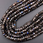 Rare Natural Black Labradorite Faceted Rondelle Beads 6mm 8mm 10mm Blue Flashes in Deep Dark Chocolate Background 15.5&quot; Strand