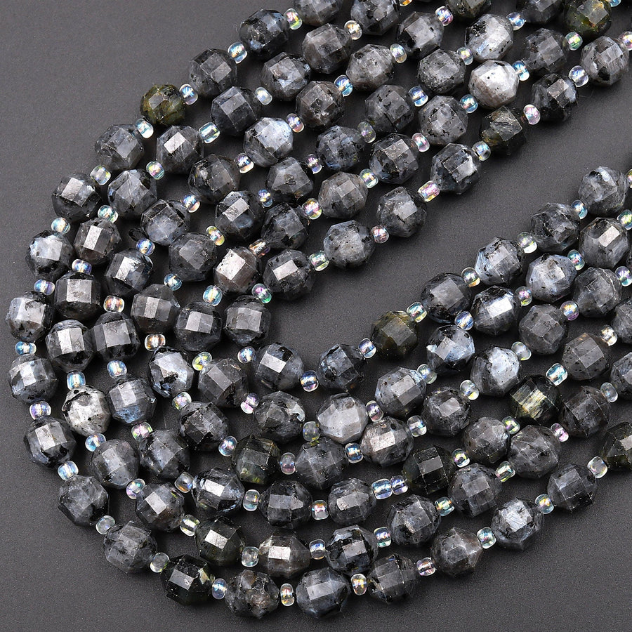 Natural Larvikite 8mm 10mm Beads Faceted Energy Prism Double Terminated Points Aka Norway Moonstone 15.5&quot; Strand