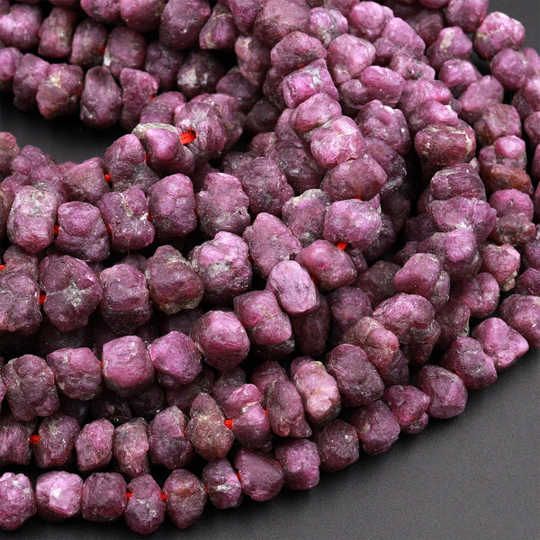 Rough Raw Natural Ruby Beads Freeform Nugget Organic Hand Hammered Genuine Pink Ruby Gemstone  15.5&quot; Strand