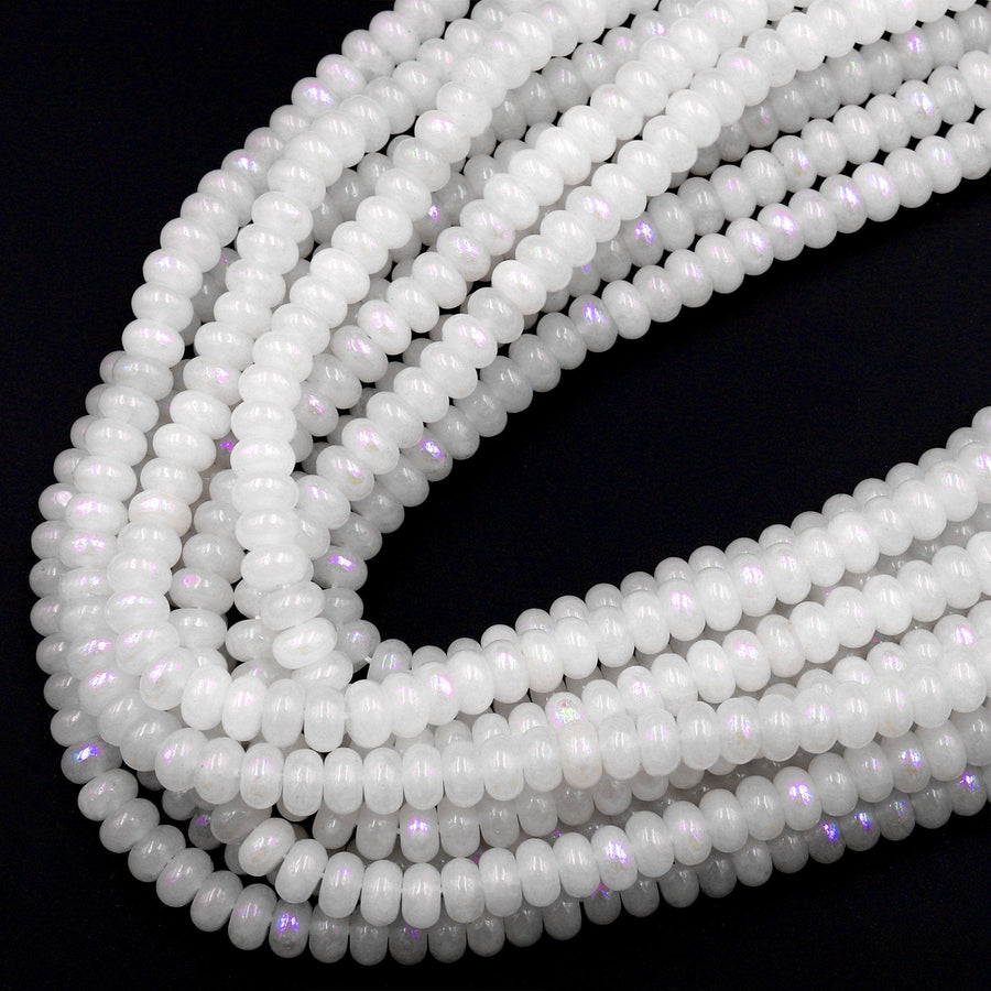 Mystic Rainbow Moonstone 6x4mm 8x5mm Rondelle Beads Plated Silverite Coated Natural Gemstone 16&quot; Strand