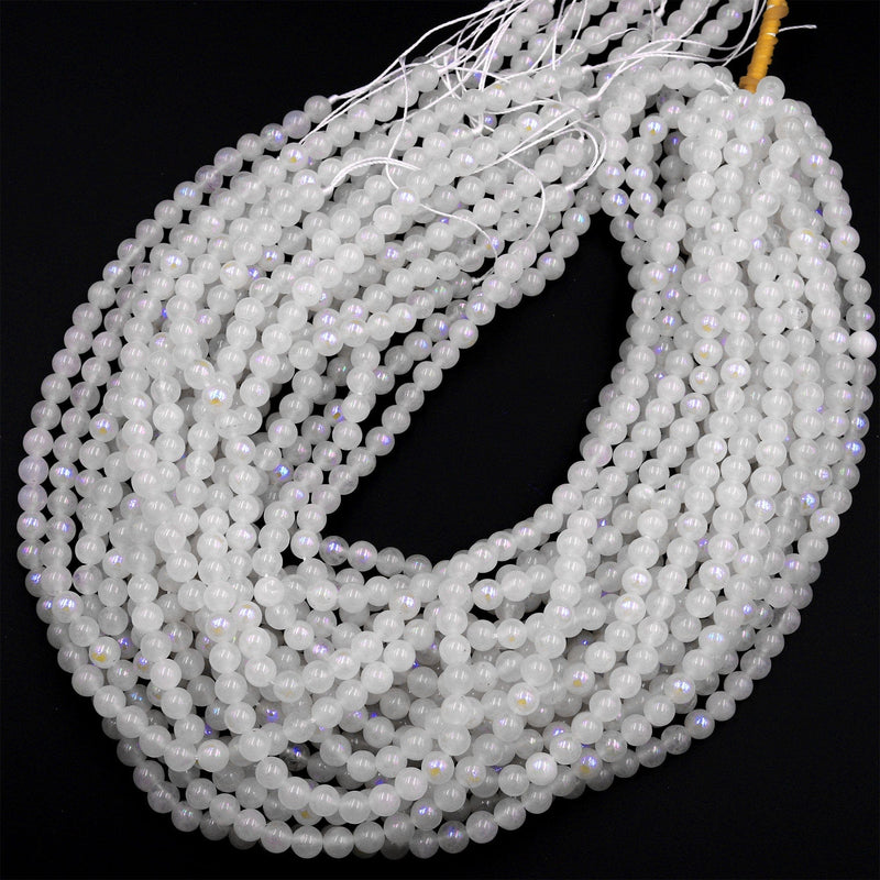 Mystic Rainbow Moonstone 6mm 8mm Round Beads Plated Silverite Coated Natural Gemstone 16&quot; Strand