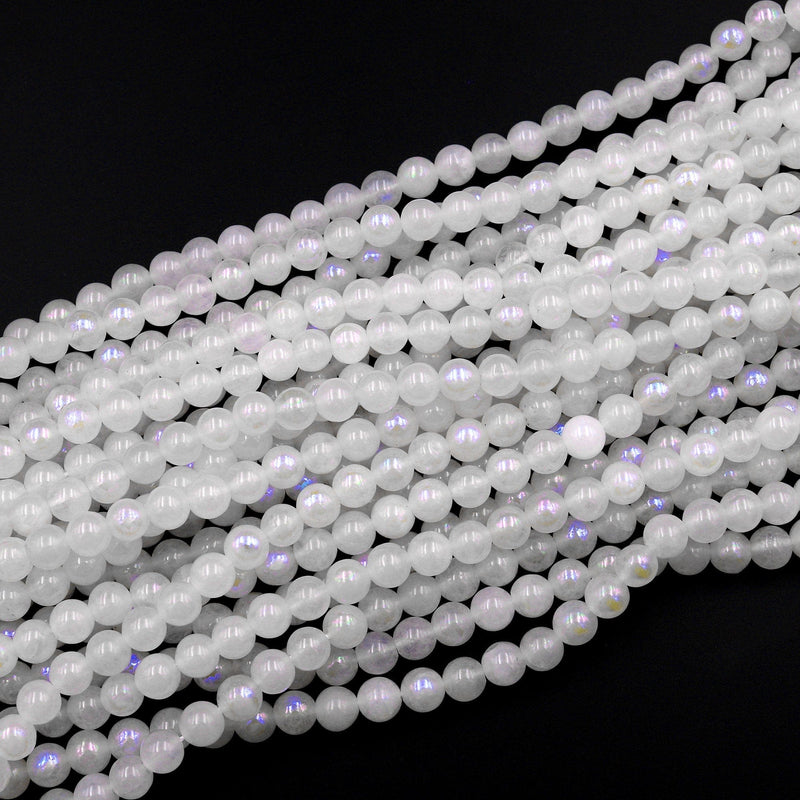 Mystic Rainbow Moonstone 6mm 8mm Round Beads Plated Silverite Coated Natural Gemstone 16&quot; Strand