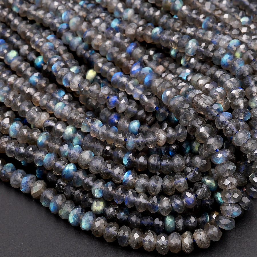Best of All! AAA Micro Faceted Labradorite Rondelle Beads 6mm 8mm Nothing But Brilliant Rainbow Blue Flashes Fire Diamond Cut 15.5&quot; Strand